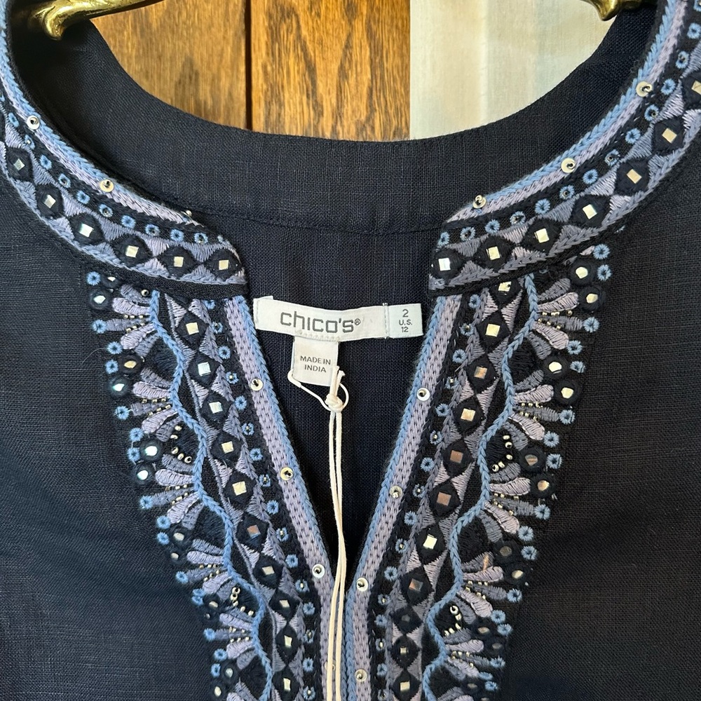 Chico’s Navy Blue Embellished Beaded Linen Dress - Picture 6 of 16
